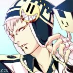  1boy adam's_apple bandaged_hand bandages beanie bridge_piercing brown_hair commentary_request dramatical_murder face_piercing hat labret_piercing looking_at_viewer male_focus noiz_(dramatical_murder) piercing solo toraiaruka usagimodoki 