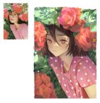  1girl absurdres arms_at_sides artist_name brown_eyes brown_hair closed_mouth flower from_side hair_between_eyes highres leaning_forward light_blush looking_at_viewer making-of_available medium_hair original outdoors photo-referenced photo_inset pink_shirt pink_sleeves plant polka_dot polka_dot_shirt pyampom red_flower shirt short_sleeves solo upper_body 