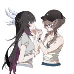  2girls absurdres alternate_costume applying_another's_makeup applying_lipstick applying_makeup black_hair blue-framed_eyewear blush bracelet brown_hair closed_eyes closed_mouth collarbone colored_inner_hair columbina_(genshin_impact) contemporary crop_top cropped_torso doe-foot_applicator from_side genshin_impact glasses hair_bun hair_ornament hairclip hand_on_another's_face highres jewelry long_hair looking_at_another midriff multicolored_hair multiple_girls multiple_wings navel purple_hair purple_streaks sandrone_(genshin_impact) shirt short_hair_with_long_locks simple_background single_hair_bun sleeveless sleeveless_shirt streaked_hair t-shirt two-tone_hair very_long_hair watch white_background white_shirt white_wings wing_hair_ornament wings wristwatch xu_(anniechika) 
