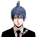  1boy black-framed_eyewear black_necktie black_suit blue_eyes blue_hair chainsaw_man commentary_request dated earrings frown hayakawa_aki jewelry makio1313 male_focus necktie portrait signature solo straight-on stud_earrings suit topknot 