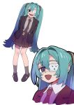  1girl absurdres aqua_hair black_jacket blue_eyes breast_pocket brown_necktie brown_shirt brown_shoes brown_skirt brown_socks buttons collared_shirt commentary_request cropped_torso dot_nose eyepatch freckles full_body hair_between_eyes hair_intakes hatsune_miku highres jacket long_hair looking_at_viewer medical_eyepatch mii_(user_achv8242) monitoring_(vocaloid) multiple_views necktie open_mouth pleated_skirt pocket purple_eyes ringed_eyes shirt shoes simple_background skirt smile socks tie_clip twintails very_long_hair vocaloid white_background wing_collar 