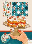  1other arm_up cake commentary_request dessert flower food food_focus fruit highres holding holding_plate icing leaf long_sleeves nail_polish original plant plate red_nails shirt signature strawberry strawberry_shortcake trym_hinano white_flower white_shirt 