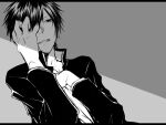  1boy check_copyright commentary_request copyright_request gakuran grey_background hand_over_eye jacket kuwa_ayase male_focus open_clothes open_jacket original school_uniform shirt short_hair simple_background solo t-shirt teeth upper_body 
