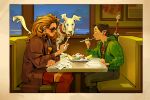  2girls absurdres animal_ears banana_split blue_eyes blue_shirt booth_seating boots brown_coat coat commentary dc_comics denim dog dog_ears dog_tail eating english_commentary green_jacket highres holding holding_spoon jacket jeans krypto_the_superdog long_hair multiple_girls open_clothes open_coat pants red_boots red_shirt red_skirt ruthye_marye_knoll shirt skirt slice_of_life spoon sunglasses supergirl supergirl_(2026) supergirl_(movie_costume) superman_(series) superman_logo sword sword_on_back tail tongue tongue_out utensil_in_mouth vickychendraws weapon weapon_on_back white_fur 