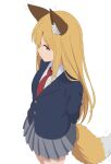 1girl absurdres animal_ears bare_legs blonde_hair blue_jacket buttons commentary_request fox_ears fox_girl fox_tail from_above grey_skirt highres jacket kemonomimi_mode looking_at_viewer necktie original philip_(n1k2-j) red_necktie school_uniform shirt simple_background skirt smile solo tail white_background white_shirt yellow_background 