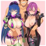  1boy 2girls absurdres alternate_hair_length_(shorter) black_bodysuit black_choker blue_eyes blue_hair blush bodysuit border breasts censored center_opening choker cleavage clothed_female_nude_male commentary_request commission cosplay egg_vibrator erection fate/grand_order fate_(series) fingering florence_nightingale_(fate) florence_nightingale_(trick_or_treatment)_(fate) florence_nightingale_(trick_or_treatment)_(fate)_(cosplay) full_cleavage girl_sandwich gloves green_gloves grin groin hat hetero highres huge_breasts kentou_kanami koyanskaya_(assassin)_(first_ascension)_(fate) koyanskaya_(fate) koyanskaya_(fate)_(cosplay) large_breasts lia_parapara_leazas long_hair long_sleeves looking_at_another mosaic_censoring multiple_girls nipples nude nurse_cap open_bodysuit open_clothes open_mouth outside_border penis pink_background pink_pupils purple_eyes purple_hair purple_hat purple_shrug rance rance_(series) revealing_clothes rubber_gloves sandwiched sex_toy short_hair shrug_(clothing) simple_background skeb_commission smfp2517 smile vibrator white_border 