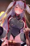  1boy 1girl ahoge azur_lane black_panties black_thighhighs breasts censored closed_mouth clothed_female_nude_male clothing_aside commentary_request cowgirl_position cross dami_(claimh9) dark-skinned_male dark_skin hair_ornament hetero highres holding_hands interlocked_fingers iron_cross long_hair looking_at_viewer military_uniform mole mole_on_breast mosaic_censoring nude panties panties_aside penis prinz_eugen_(azur_lane) pussy sex smile straddling thighhighs twintails underwear vaginal white_hair yellow_eyes 