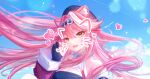  1girl animal_ears ascot beret black_gloves black_hat blue_gem blue_sky blush breasts cleavage coat collared_shirt commentary day english_commentary eyelashes eyeshadow facial_mark fangs fingernails gem gloves goggles goggles_on_head hair_intakes half_gloves hat heart highres hololive hololive_english jewelry large_breasts long_hair long_sleeves makeup multicolored_hair nail_polish open_clothes open_coat open_mouth panther_ears panther_girl pink_coat pink_eyeshadow pink_hair pink_nails raora_panthera raora_panthera_(1st_costume) shirt sky sleeveless sleeveless_shirt smile snowpix solo streaked_hair two-tone_hair virtual_youtuber whisker_markings white_ascot white_shirt yellow_eyes 