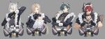  4boys animal_ear_fluff animal_ears black_dress black_gloves black_hair blonde_hair cat_boy cat_ears closed_mouth colored_tips commentary crossdressing crossdressing_(mtf) crossed_bangs dog_boy dog_ears dress enmaided finger_to_mouth fingerless_gloves four-finger_heart_hands gloves green_hair grey_background grey_eyes grey_hair hair_between_eyes hair_over_one_eye heart heart_hands heterochromia highres hoyofair hugo_vlad komano_manato lighter_(zenless_zone_zero) long_hair looking_at_viewer maid maid_headdress male_focus male_maid moechakkafire mole mole_under_eye multicolored_hair multiple_boys multiple_scars open_mouth parted_lips red_eyes red_hair scar scar_on_chest scar_on_face severian_lowell shiro_(deucqvhzjb2blzg) short_hair shushing simple_background single_glove untranslatable_commentary yellow_eyes zenless_zone_zero 
