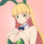  1girl animal_ear_hairband animal_ears blonde_hair blue_bow blue_bowtie blunt_bangs bow bowtie breasts cleavage commentary_request detached_collar fake_animal_ears green_eyes green_leotard hairband hands_on_own_chest heanna_sumire highres leotard long_hair looking_at_viewer love_live! love_live!_superstar!! low_neckline playboy_bunny rabbit_ear_hairband rabbit_ears simple_background solo strapless strapless_leotard tamagu_eggo 