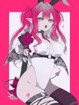  1girl absurdres animal_ears baobhan_sith_(fate) bare_shoulders breasts choker cleavage commentary_request demon_tail demon_wings detached_sleeves fake_animal_ears fate/grand_order fate_(series) grey_eyes highleg highleg_leotard highres i10_ksw large_breasts leotard long_hair looking_at_viewer open_mouth pink_hair playboy_bunny pointy_ears rabbit_ears sidelocks solo tail thighhighs thighs twintails white_leotard wings 