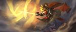  1boy armor armored_boots belt black_jacket black_pants blonde_hair boots brown_belt cape cloak commentary_request dust dutch_angle fantasy full_body gauntlets glowing glowing_sword glowing_weapon highres holding holding_shield holding_sword holding_weapon jacket jun_(navigavi) knee_armor light_particles looking_at_viewer looking_to_the_side male_focus original pants parted_lips red_cape red_cloak round_shield shield short_hair shoulder_armor solo standing sword very_short_hair weapon yellow_eyes 