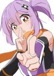  1girl bare_shoulders brown_eyes commentary_request hair_ornament highres japanese_clothes kimono kusagakure_satoko long_hair looking_at_viewer miruzawa_akechi ninja ninja_to_koroshiya_no_futarigurashi open_mouth orange_scarf purple_hair purple_kimono scarf shuriken_hair_ornament side_ponytail simple_background sleeveless sleeveless_kimono white_background 