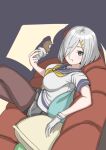  1girl 30-06 black_pantyhose blue_eyes blue_sailor_collar chicken_(food) chicken_leg commentary_request couch feet_out_of_frame food gloves grey_hair grey_skirt hair_ornament hair_over_one_eye hairclip hamakaze_(kancolle) kantai_collection looking_at_viewer neckerchief one-hour_drawing_challenge pantyhose pleated_skirt sailor_collar sailor_shirt school_uniform serafuku shirt short_hair short_sleeves sitting skirt solo white_gloves white_shirt yellow_neckerchief 