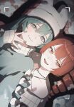  2girls alternate_costume aqua_eyes aqua_hair bare_shoulders blue_nails closed_mouth commentary_request drill_hair hair_between_eyes hatsune_miku highres kasane_teto multiple_girls nail_polish open_mouth pppp_(vocaloid) red_eyes red_hair red_nails smile sushirice_0 upper_body utau viewfinder vocaloid w 