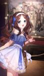  1girl :d atlas_academy_uniform bag baker_nemo_(fate) belt blue_eyes blue_ribbon blue_shirt blush breasts brown_bag brown_hair captain_nemo_(fate) cayenne_(fate) cerejeira_elron chaldea_staff_uniform commentary_request cowboy_shot engineer_nemo_(fate) fate/grand_order fate_(series) game_asset goredolf_musik hair_ribbon hairband indoors jingle_abel_meuniere kawata_(fate) kt._(kaisou-notagui) layered_skirt leonardo_da_vinci_(fate) leonardo_da_vinci_(rider)_(fate) long_hair looking_at_viewer marcus_(fate) mash_kyrielight mash_kyrielight_(chaldea_uniform) miniskirt nemo_(fate) novum_chaldea off-shoulder_shirt off_shoulder official_alternate_costume official_art open_mouth parted_bangs partial_commentary photo_(object) picture_frame pointing professor_nemo_(fate) ribbon shirt sidelocks sion_eltnam_(type-moon) sion_eltnam_sokaris skirt small_breasts smile solo sparkle third-party_source twintails watch white_belt white_hairband white_skirt wristwatch 