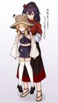  2girls absurdres animal_print armpit_carry blonde_hair blush breast_size_difference breasts brown_hat brown_shoes carrying carrying_person closed_mouth commentary_request frog_print full_body gradient_background grey_background hair_between_eyes hair_ornament hair_ribbon hat height_difference highres large_breasts layered_sleeves leaf leaf_hair_ornament loafers long_sleeves maple_leaf medium_hair midriff miniskirt mirror moriya_suwako multiple_girls navel neritch open_mouth purple_hair purple_skirt purple_vest red_ribbon red_shirt red_skirt revision ribbon rope sandals shirt shoes short_over_long_sleeves short_sleeves skirt smile thighhighs toes touhou translation_request tress_ribbon vest white_thighhighs wide_sleeves yasaka_kanako yellow_eyes zettai_ryouiki 