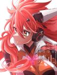  1girl amou_kanade artist_name big_hair breasts commentary_request double-parted_bangs floating_hair hair_between_eyes headgear headphones highres impossible_clothes kanaden large_breasts leotard mystical_high_collar orange_hair red_hair senki_zesshou_symphogear simple_background skin_tight sleeved_leotard solo symphogear_pendant twitter_username upper_body v-shaped_eyebrows watermark white_background 