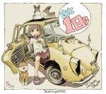  >_< 1girl animal animal_collar black_eyes black_ribbon border brown_dog car collar commentary_request copyright_name countdown dog hair_ornament index_finger_raised jacket looking_at_viewer momose_riko motor_vehicle neck_ribbon open_mouth outside_border panda_hair_ornament purple_shoes rabbit red_sailor_collar red_skirt ribbon sailor_collar school_uniform sekihan shiba_inu shoes short_hair signature skirt smile sneakers solo speech_bubble subaru_(brand) subaru_360 teeth upper_teeth_only vehicle_name white_border white_jacket yellow_car zesshaka!_shiritsu_yotsuwa_joshi_gakuin_zetsumetsu_kigu-sha_gakka 