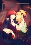  2boys :p a578699321 absurdres alternate_costume ascot asymmetrical_bangs black_cape black_eyeliner black_nails blonde_hair blue_eyes cane cape commentary_request deidara_(naruto) demon_horns demon_tail demon_wings expressionless eyeliner fingernails happy high_ponytail highres horns hug long_hair long_sleeves looking_at_viewer makeup male_focus multiple_boys naruto_(series) naruto_shippuuden ponytail puffy_long_sleeves puffy_sleeves red_eyes red_hair sasori_(naruto) sharp_fingernails short_hair smile tail tongue tongue_out vest wings yaoi 