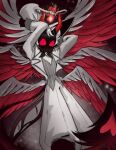  1boy absurdres apple colored_sclera commentary demon_boy demon_horns demon_tail food fruit hair_slicked_back hat hazbin_hotel hellaverse highres horns lucifer_morningstar_(hazbin_hotel) male_focus multiple_wings red_eyes red_sclera short_male snake solo spot_color striped_clothes striped_vest suit tail top_hat untranslatable_commentary vertical-striped_clothes vertical-striped_vest vest wabi_1527 wings 