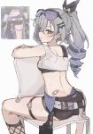  1girl ass back bandaid black_shorts blush butt_crack chair coa_(35_seno) crop_top drill eyewear_on_head fishnet_socks fishnets grey_eyes grey_hair hair_ornament hair_ribbon hairclip highres honkai:_star_rail honkai_(series) looking_back no_jacket on_chair reference_inset ribbon short_shorts shorts silver_wolf_(honkai:_star_rail) sitting sitting_backwards socks solo sports_bra sunglasses sweat thigh_strap 