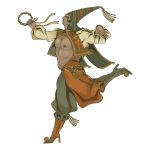 1boy bell belly belt boots dark-skinned_male dark_skin eyeshadow from_side full_body girly_boy greek_painting_style hat highres holding_tambourine iliothermia instrument jester jingle_bell laurel_tattoo lips long_sleeves makeup male_focus mastectomy_scar navel nipples nose original pants plump puffy_long_sleeves puffy_sleeves ribbon scar scar_on_chest solo tambourine tassel tattoo vasil_(iliothermia) vest 