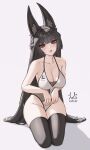  1girl animal_ear_fluff animal_ears artist_name black_hair black_thighhighs blunt_bangs braid breasts cameltoe collarbone commentary copyright_name fox_ears fox_girl half_up_braid highres hoshimi_miyabi hotokeshiz large_breasts leotard long_hair looking_at_viewer red_eyes simple_background skindentation solo thighhighs very_long_hair white_background white_leotard zenless_zone_zero 