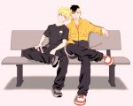  2boys adoptive_siblings bench black_hair black_pants black_shirt black_shoes blonde_hair boruto:_naruto_next_generations boruto_(series) brothers commentary_request facial_mark facial_tattoo figure_four_sitting frown jacket kawaki_(boruto) makio1313 male_focus multicolored_hair multiple_boys naruto_(series) orange_jacket orange_shoes pants shirt shoes siblings sitting smile sneakers tattoo two-tone_hair uchiha_symbol undercut uzumaki_boruto whisker_markings 
