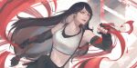  1girl absurdres bare_shoulders bazotoro black_gloves black_hair black_skirt breasts clenched_hands closed_mouth commentary crop_top earrings elbow_gloves english_commentary fighting_stance final_fantasy final_fantasy_vii final_fantasy_vii_remake gloves highres jewelry large_breasts lips long_hair looking_to_the_side low-tied_long_hair midriff red_eyes red_lips skirt smile solo street_fighter street_fighter_6 suspender_skirt suspenders tank_top tifa_lockhart upper_body very_long_hair white_tank_top 