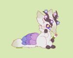  antlers blue_flower blush bright_pupils dango flower food full_body green_background highres holding holding_food horns licking_lips mew_mew_chikorita_moon no_humans original pokemon purple_eyes purple_flower sanshoku_dango simple_background sitting solo tail tongue tongue_out wagashi white_fur 