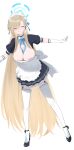 1girl absurdly_long_hair absurdres apron areola_slip asuna_(blue_archive) black_shoes blue_archive blue_bow blue_halo blush bow breasts closed_eyes commentary detached_collar dongye1551 earpiece elbow_gloves eyes_visible_through_hair full_body gloves grin halo highres large_breasts long_hair maid maid_apron maid_headdress puffy_short_sleeves puffy_sleeves shoes short_sleeves smile solo thighhighs very_long_hair white_gloves white_thighhighs zettai_ryouiki 