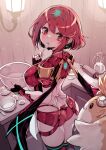  1girl apron ass black_gloves black_thighhighs bowl breasts butt_crack closed_mouth commentary cooking earrings english_commentary fingerless_gloves gloves headpiece highres holding holding_bowl holding_spoon jewelry large_breasts parororo pyra_(xenoblade) red_eyes red_hair red_shorts revision short_shorts shorts spoon standing swept_bangs thighhighs thighs tora_(xenoblade_2) white_apron xenoblade_chronicles_(series) xenoblade_chronicles_2 