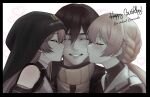  1boy 2girls art_undertaker beard_stubble black_groza_(girls'_frontline_2) blonde_hair blush braid brown_hair closed_eyes commander_(girls'_frontline) elmo_dormitory_outfit english_commentary english_text facial_hair girls'_frontline girls'_frontline_2:_exilium grin groza_(girls'_frontline_2) hair_between_eyes happy_birthday heart hetero highres hood hood_up kiss long_hair multiple_girls ots-14_(girls'_frontline) ponytail short_hair smile stubble 