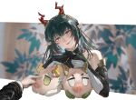 1girl 1other absurdres arknights arknights:_endfield bodypaint breasts commentary_request dragon_girl dragon_horns eastern_dragon_horns endministrator_(arknights) green_eyes green_hair hands_on_own_chest highres horns inverted_nipples lactation large_breasts long_hair looking_at_viewer nipples pointy_ears poking_another's_breast pov pov_hands single_inverted_nipple smile solo_focus upper_body wdexxp zhuang_fangyi_(arknights) 
