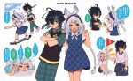  1boy 1girl backpack bag black_hair black_sweater_vest blowing_bubble_gum blue_dress blue_hair blue_hairband blue_pupils boro_hochi braid cellphone chewing_gum clothes_around_waist crossed_arms dress genshin_impact green_eyes green_headband grid_background gym_shirt gym_shorts hairband hand_on_another's_shoulder headband highres holding holding_phone kinich_(genshin_impact) long_hair looking_at_another looking_at_viewer low_twin_braids mualani_(genshin_impact) multicolored_eyes multicolored_nails multiple_views nail_polish official_alternate_costume open_mouth pants phone pinafore_dress plaid_clothes plaid_dress plaid_pants plaid_shirt red_eyes shirt shoes short_hair short_sleeves shorts simple_background skateboard skateboarding sleeveless sleeveless_dress smartphone smile speech_bubble sweater sweater_around_waist sweater_vest talking_on_phone translation_request twin_braids two-tone_eyes upper_body very_long_hair walking white_background white_shirt white_shoes yellow_eyes 