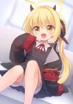  1girl black_dress black_jacket blonde_hair bloomers blue_archive child commentary_request demon_girl demon_horns dress emurin fang halo highres horns ibuki_(blue_archive) jacket knees_up light_blush long_hair long_sleeves looking_at_viewer open_mouth pleated_dress sitting skin_fang solo twintails upskirt white_bloomers yellow_halo 