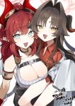  2girls absurdres black_skirt blue_archive blue_eyes blush breasts brown_hair clothes_around_waist coat commentary_request demon_girl demon_horns demon_tail gehenna_academy_logo goggles goggles_on_head hair_between_eyes halo highres horns jacket jacket_around_waist kasumi_(blue_archive) lab_coat large_breasts long_hair looking_at_viewer megu_(blue_archive) multiple_girls open_clothes open_coat red_hair red_halo red_shirt rotroto shirt sitting sitting_on_lap sitting_on_person skirt slit_pupils small_breasts tail very_long_hair white_coat yellow_eyes 