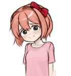 1girl 482egg blue_eyes bow breasts doki_doki_literature_club double-parted_bangs light_blush pink_shirt raised_inner_eyebrows red_bow red_hair sayori_(doki_doki_literature_club) shirt short_hair small_breasts smile solo white_background 