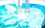  2boys blue_pants boots clear_(dramatical_murder) coat commentary_request danderaion dramatical_murder holding holding_hands holding_umbrella lower_body male_focus multiple_boys pants seragaki_aoba standing twitter_username umbrella white_boots white_coat yaoi 