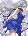  1girl bare_arms bare_shoulders blue_dress breasts bug butterfly cowboy_shot dress expressionless floating_hair flower grey_hair heo_sung-moo highres looking_at_viewer original short_dress sideways_glance small_breasts solo white_background 