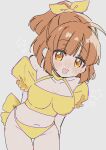  1girl arle_nadja bikini blush bow breasts brown_hair collarbone commentary cowboy_shot grey_background groin hair_bow halterneck highres leaning_forward looking_at_viewer navel open_mouth orange_bikini orange_eyes ponytail puffy_short_sleeves puffy_sleeves puyopuyo shihiro_(ro_ro_sh) short_sleeves smile solo standing star_(symbol) swimsuit thigh_gap yellow_bikini yellow_bow 