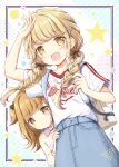  2girls :d arm_up backpack bag blonde_hair blue_skirt blush braid brown_eyes brown_hair brown_shirt closed_mouth collared_shirt comiket_108 commentary_request denim denim_skirt fang fujita_kotone fujita_kotone's_sister gakuen_idolmaster hair_over_shoulder highres idolmaster long_hair low_twintails multiple_girls nanase_miori peeking_out shirt short_sleeves skirt smile star_(symbol) twin_braids twintails two_side_up white_shirt 