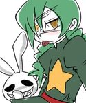  :p annie_(skullgirls) belt blush braid dress eyepatch green_hair grin laughing long_hair ruriwo sagan_(skullgirls) skullgirls smile star stuffed_animal stuffed_bunny stuffed_toy tongue tongue_out twin_braids yellow_eyes 