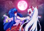  2girls ^_^ bamboo bamboo_print blood blood_on_face blood_on_hand blue_hair bow bowtie closed_eyes collared_shirt commentary duel fujiwara_no_mokou full_moon grey_hair hair_bow highres holding houraisan_kaguya kitnoko long_hair long_sleeves moon multiple_girls multiple_hair_bows ofuda ofuda_on_clothes pants pink_shirt print_skirt red_pants red_skirt shirt short_sleeves skirt suspenders torn_clothes torn_sleeves touhou very_long_hair white_bow white_bowtie white_shirt wide_sleeves 