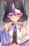  1girl absurdres bandaid bandaid_on_finger bandaid_on_hand bare_shoulders black_hair blush chocolate collarbone commentary_request earrings embarrassed feeding_viewer food furrowed_brow goddess_of_victory:_nikke hair_ribbon highres holding holding_chocolate holding_food indoors jacket jacket_partially_removed jewelry kunimoto_rikuya looking_at_viewer mole mole_under_eye multicolored_hair necktie purple_eyes purple_hair purple_jacket purple_necktie purple_ribbon purple_rope purple_streaks ribbon rope shirt short_hair short_necktie solo standing streaked_hair sweatdrop syuen_(nikke) two-sided_fabric two-sided_jacket upper_body valentine wavy_mouth white_hair white_shirt white_streaks 