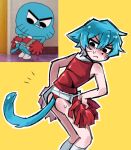  1boy animal_ears ass black_eyes blue_hair cat_boy cat_ears cat_tail cheerleader crossdressing crossdressing_(mtf) gumball_watterson holding holding_pom_poms humanization jitome looking_back male_focus miniskirt panties pantyshot pleated_skirt pom_pom_(cheerleading) red_panties red_shirt shirt short_hair skirt sleeveless suckillpak tail the_amazing_world_of_gumball trap underwear upskirt white_skirt 