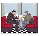  bag black_bag black_hoodie black_pants black_shoes burger commentary_request denim diner eating food frank_castle glass green_jacket highres hood hood_down hoodie jacket jeans ketchup_bottle marvel mustard_bottle pants peter_parker plate shoes spider-man:_brand_new_day spider-man_(series) suzum88 table the_punisher_(character) white_shoes window 