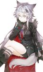  aiguillette animal_ears arknights ascot black_boots black_gloves black_jacket black_skirt blue_eyes boots cape closed_mouth cnsmsoup commentary crossed_bangs crossed_legs feet_out_of_frame gloves gradient_ascot grey_socks grey_tail hair_between_eyes hair_ornament hairclip hand_on_own_cheek hand_on_own_face high-waist_skirt highres invisible_chair jacket knee_boots kneehighs lappland_(arknights) lappland_the_decadenza_(arknights) long_sleeves looking_at_viewer multiple_hairclips purple_ascot red_ascot red_cape simple_background sitting skirt smile socks tail white_background wolf_ears wolf_girl wolf_tail 