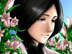  1girl bellflower black_hair bleach blue_background blue_eyes braid chris-jin commentary english_commentary flower lips portrait profile smile solo unohana_retsu 